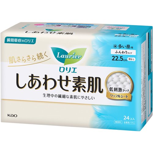Laurier Happy Skin Soft Type Sanitary Napkins – Heavy Flow, Daytime Use, 22.5cm, No Wings, 24 pads