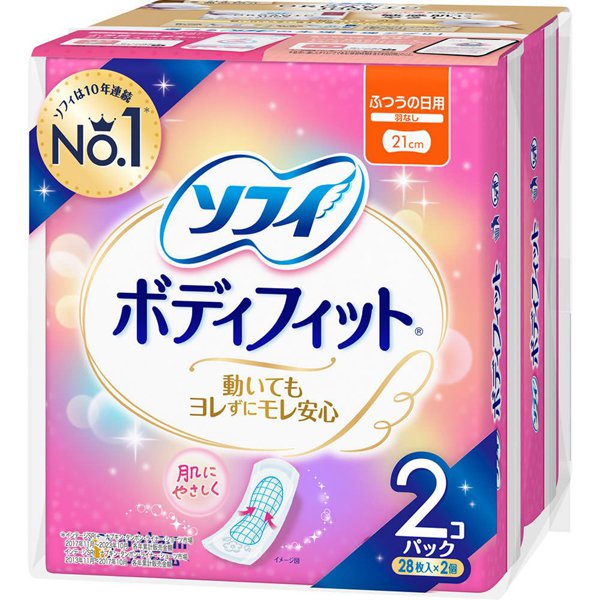 Unicharm – Sofy Body Fit Sanitary Napkins (Regular Use, No Wings) 21cm, 28 Pads × 2 Packs