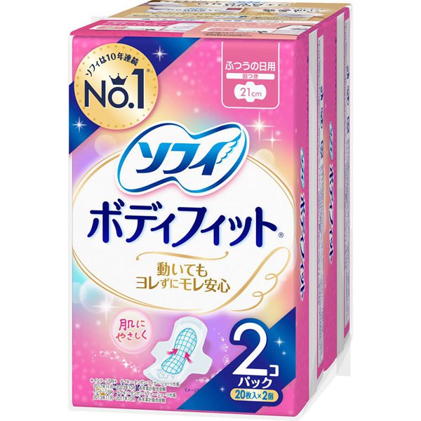 Unicharm – Sofy Body Fit Sanitary Napkins (Regular Use, With Wings) 21cm, 20 Pads × 2 Packs