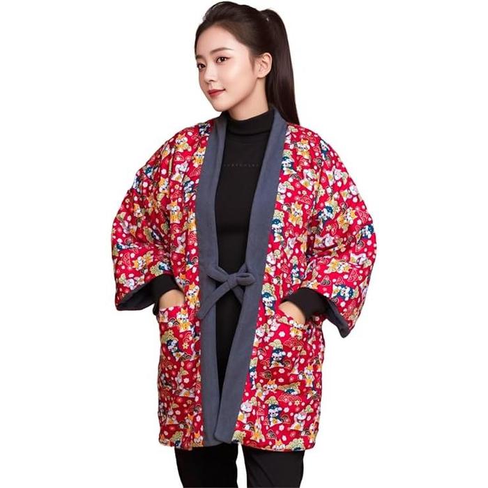 Women's Padded Reversible Hanten with Back Boa – Japanese Pattern 06, Warm Winter Loungewear