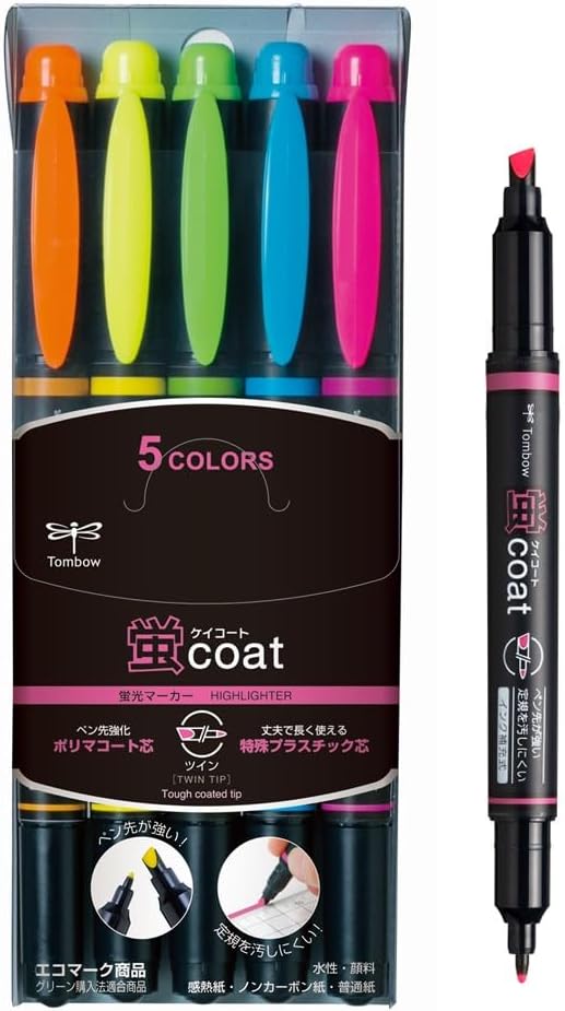 Tombow Kei Coat Fluorescent Highlighter – 5-Color Set