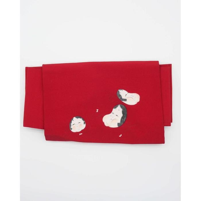 Vintage Japanese Nagoya Obi Belt – Red with Traditional Face Motif