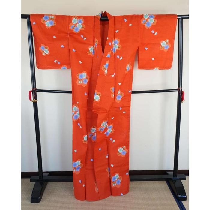 Summer Japanese Yukata – Orange Floral, Cotton, SIZE good on 165cm-175cm