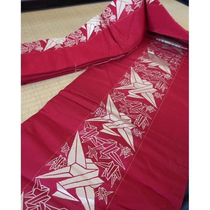 Vintage Japanese Nagoya Obi Belt – Red with paper Crane Pattern