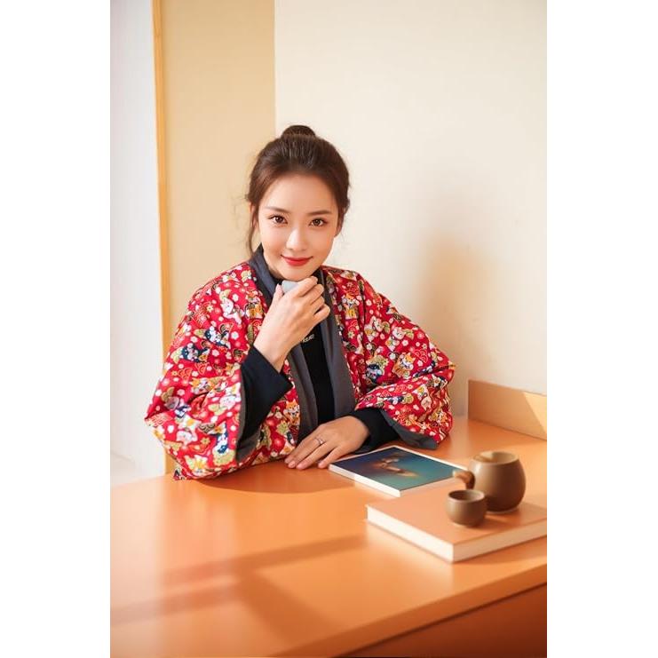 Women's Padded Reversible Hanten with Back Boa – Japanese Pattern 06, Warm Winter Loungewear