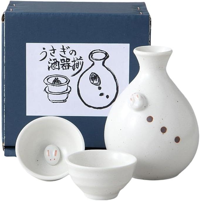 Ale-net Snow Rabbit Sake Set – Mino Ware Tokkuri & Cups | Japanese Porcelain Sake Set for Hot & Cold Sake