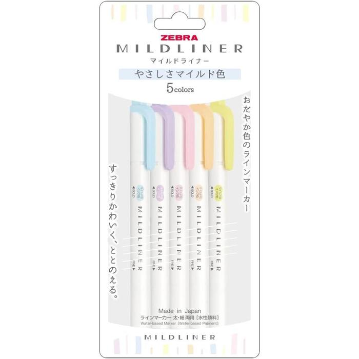 Zebra Mildliner Highlighter Set – Gentle Mild Colors, Double-Ended, 5-Pack
