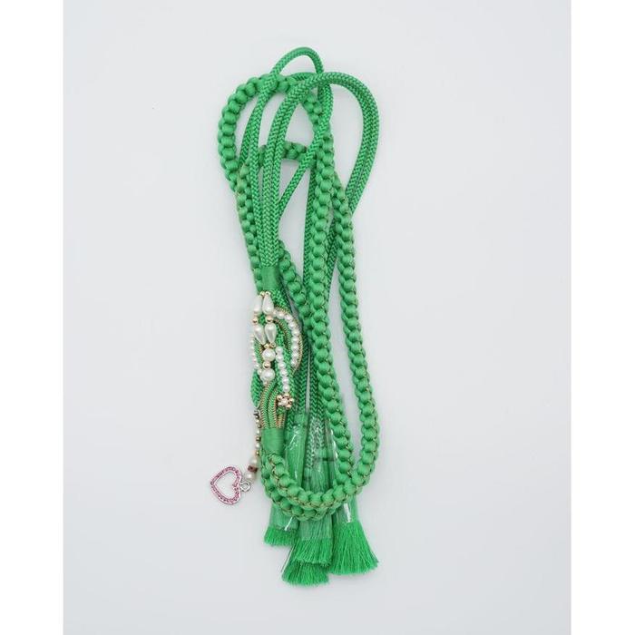 Vintage Japanese Obijime Cord – Green with Decorative Charm and Pearl Details