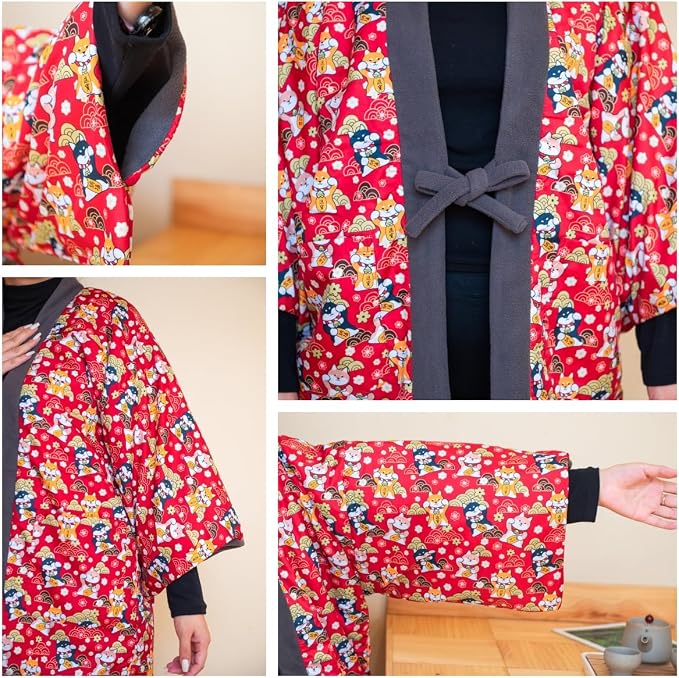 Women's Padded Reversible Hanten with Back Boa – Japanese Pattern 06, Warm Winter Loungewear