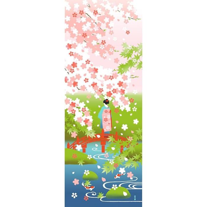 Tenugui towel with Hamamonyou (Sakura and Fresh Greenery) - (100% cotton)