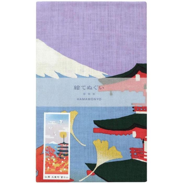 Tenugui towel with Hamamonyou (Autumn Leaves, Five-Storied Pagoda & Mount Fuji) - (100% cotton)