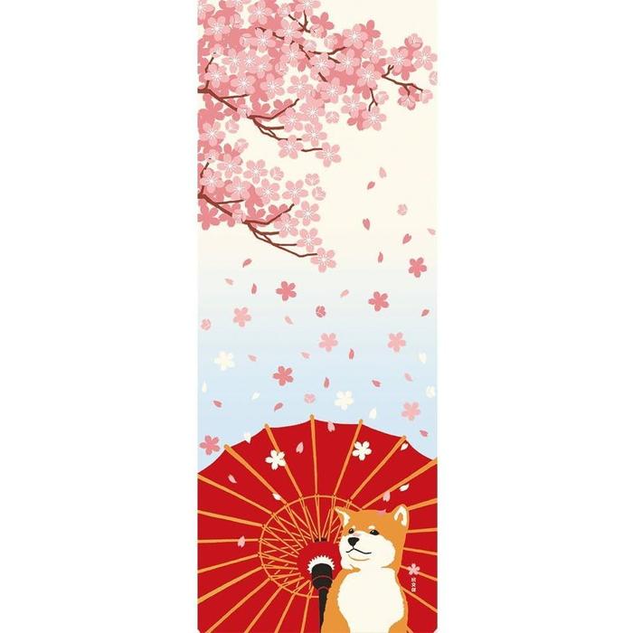 Tenugui towel with Hamamonyou (Falling Sakura and Shiba Inu) - (100% cotton)