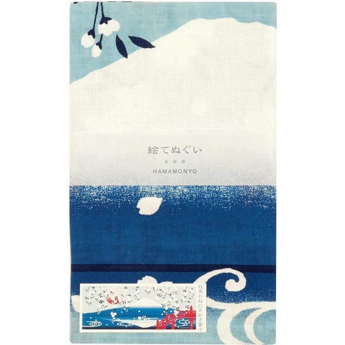 Tenugui towel with Hamamonyou (Weeping Sakura and Reflected Mount Fuji) - (100% cotton)