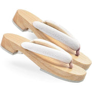 Amemari Women's Geta Sandals – White Wood Yukata Clogs with Lace and Mimosa Embroidery, Soft Strap, One Size