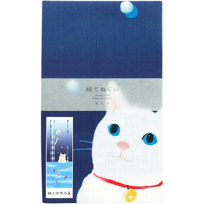 Tenugui towel with Hamamonyou (Cat and Goldfish Summer) - (100% cotton)