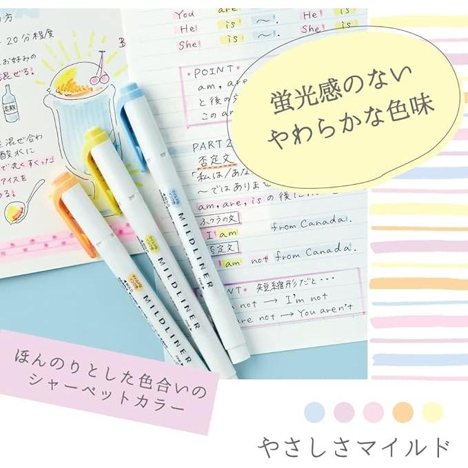 Zebra Mildliner Highlighter Set – Gentle Mild Colors, Double-Ended, 5-Pack