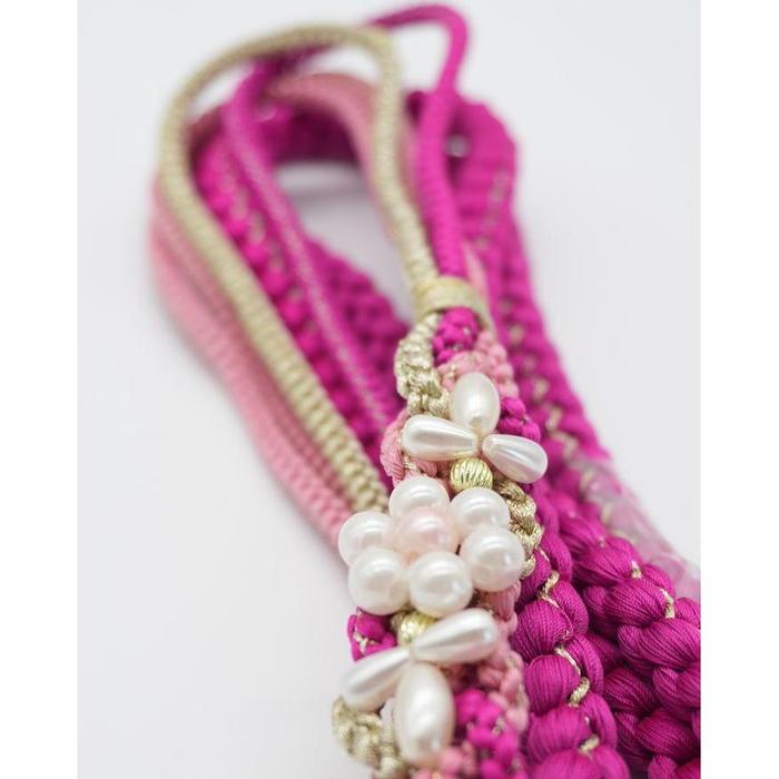 Vintage Japanese Obijime Cord – Pink-Purple with Pearl Details and Decorative Accent