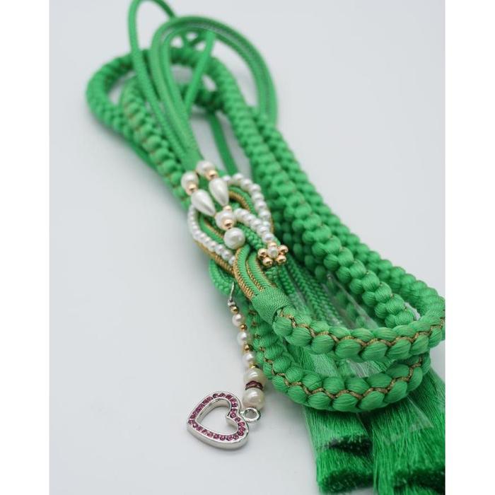 Vintage Japanese Obijime Cord – Green with Decorative Charm and Pearl Details
