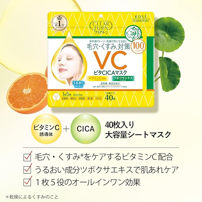 Clear Turn Vita CICA Mask 40 Sheets – Vitamin C & CICA Daily Face Masks [Alcohol-Free]