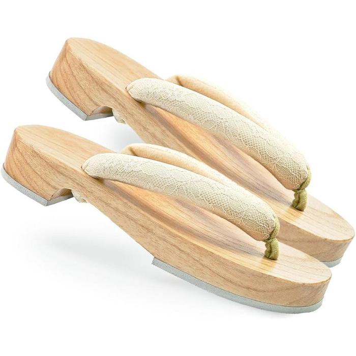 Amemari Women's Geta Sandals – White Wood Yukata Clogs with Lace and Mimosa Embroidery, Soft Strap, One Size