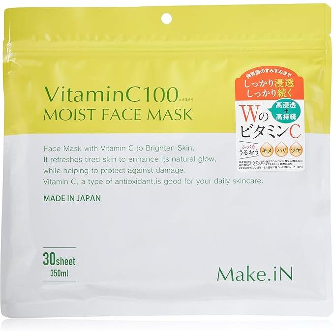 Vitamin C 100 Moist Face Mask – 30 Pieces for Intense Hydration and Radiance [Alcohol-Free]