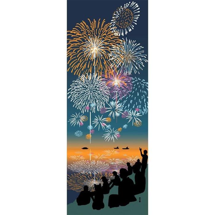 Tenugui towel with Hamamonyou (Looking Up at Large Fireworks) - (100% cotton)