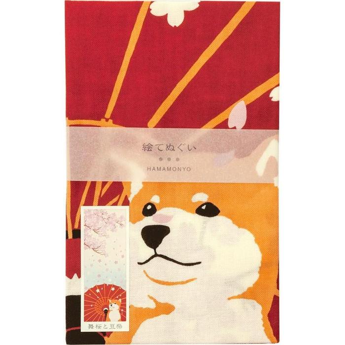 Tenugui towel with Hamamonyou (Falling Sakura and Shiba Inu) - (100% cotton)