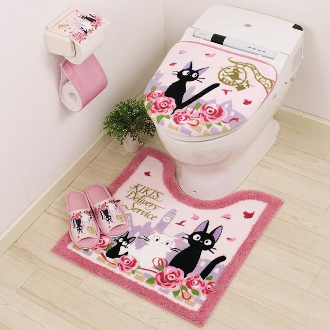 Kiki’s Delivery Service Jiji Toilet Mat – Antibacterial Acrylic, Non-Slip, Ghibli Bathroom Collection (Pink, 60 × 60 cm)