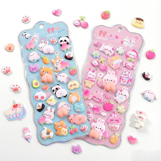 Pack of 2 Squishy 3D Stickers – Soft PVC Cartoon Relief Seals for Planners, Notebooks & Crafts