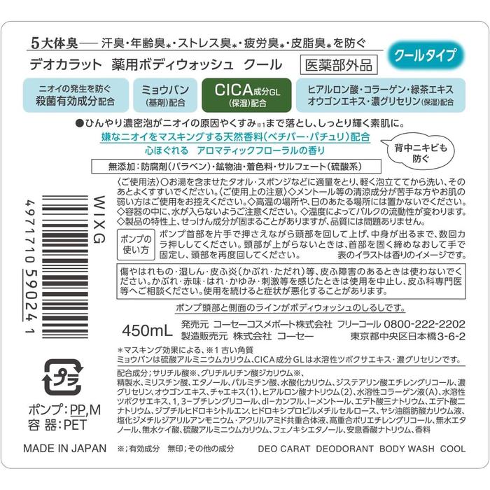 DeoCarat Medicated Body Wash Cool 450mL – Cooling Body Cleanser [With Alcohol]
