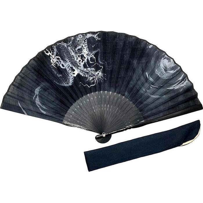Dragon-Themed Men’s Fan – Premium Cotton Fabric, Japanese Cloud and Dragon Motif, 23cm, L-Size with Matching Linen Case