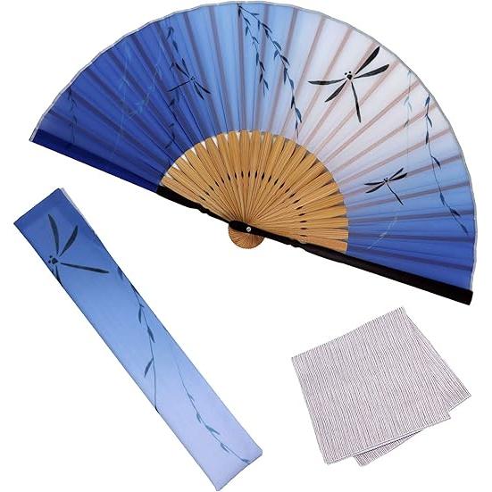 Osaka Choseido Fan Set – Stylish Sensu with Dragonfly Design, Case, and Handkerchief (COLOR CHOOSE)