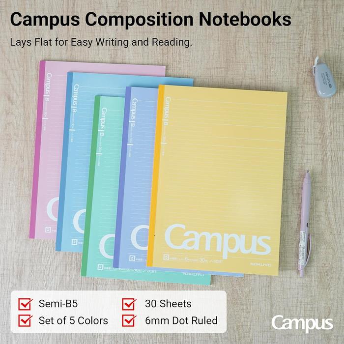 Kokuyo Campus Notitieboek B5 – Gestippeld 6 mm Gelijnd, 30 Bladen, 5-Pack