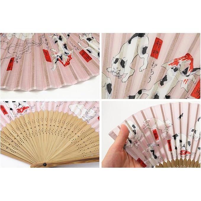 Kyoyu Folding Fan with Silk Case – Ukiyo-e Cat Design (Pink)