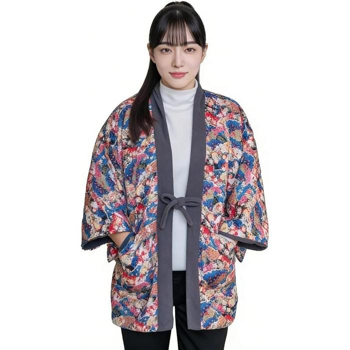 Women's Padded Reversible Hanten with Back Boa – Japanese Pattern 08, Warm Winter Loungewear