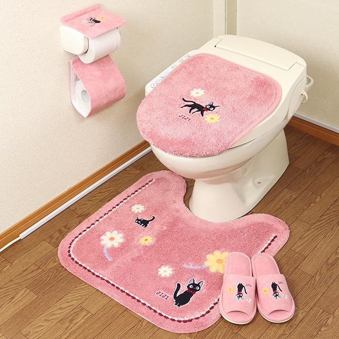 Kiki’s Delivery Service Jiji Toilet Mat – Antibacterial Acrylic, Non-Slip, Ghibli Bathroom Collection (Pink, 58 × 60 cm)