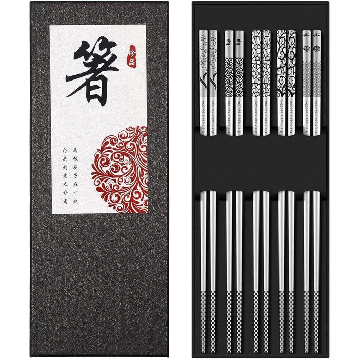Korekaou Stainless Steel Chopsticks Set of 5 – 23.5 cm, Laser Engraved, Non-Slip, Dishwasher Safe