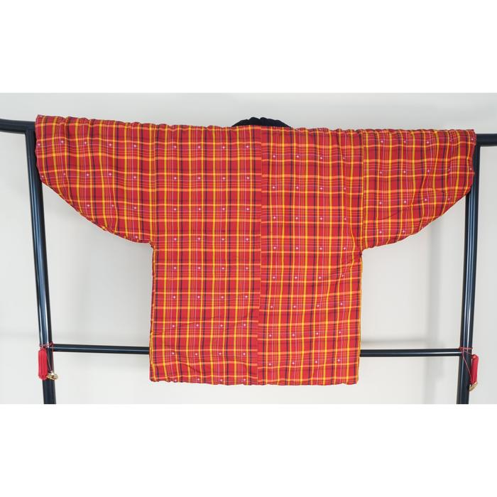 VINTAGE Red and Yellow Plaid Hanten Jacket with Black Collar – Traditional Japanese Padded Coat