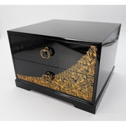 VINTAGE Japanese Black Lacquered Wooden Two-Drawer Chest with Gold Botanical Pattern – Traditional Mini Tansu