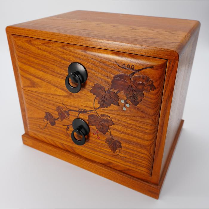 VINTAGE Japanese Wooden Two-Drawer Chest with Grape Vine Pattern – Traditional Mini Tansu
