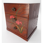 VINTAGE Japanese Wooden Three-Drawer Chest with Red Floral Iris Pattern – Traditional Mini Tansu