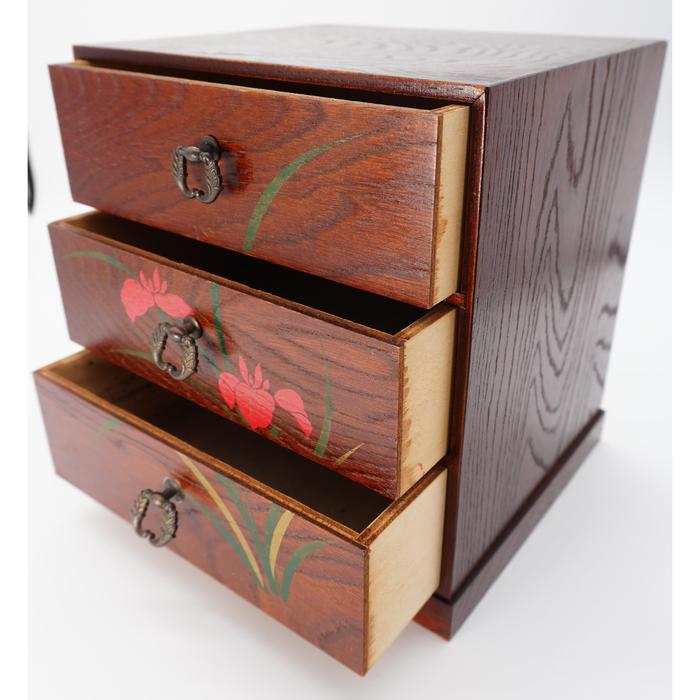 VINTAGE Japanese Wooden Three-Drawer Chest with Red Floral Iris Pattern – Traditional Mini Tansu