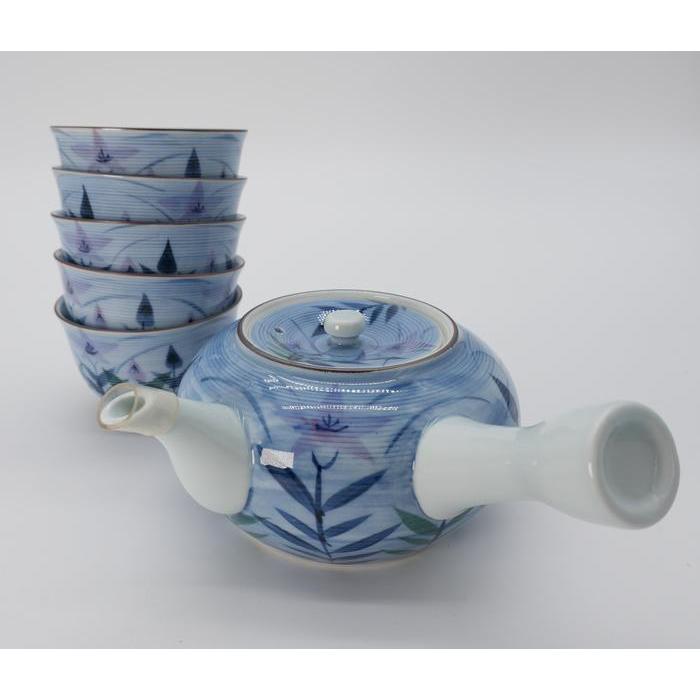 VINTAGE Japanese Arita Ware Tea Set – Blue Floral Kyusu Teapot with 5 Yunomi Cups and Wooden Box