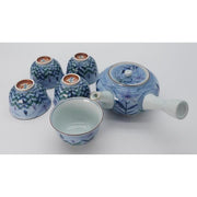 VINTAGE Japanese Arita Ware Tea Set – Blue Floral Kyusu Teapot with 5 Yunomi Cups and Wooden Box