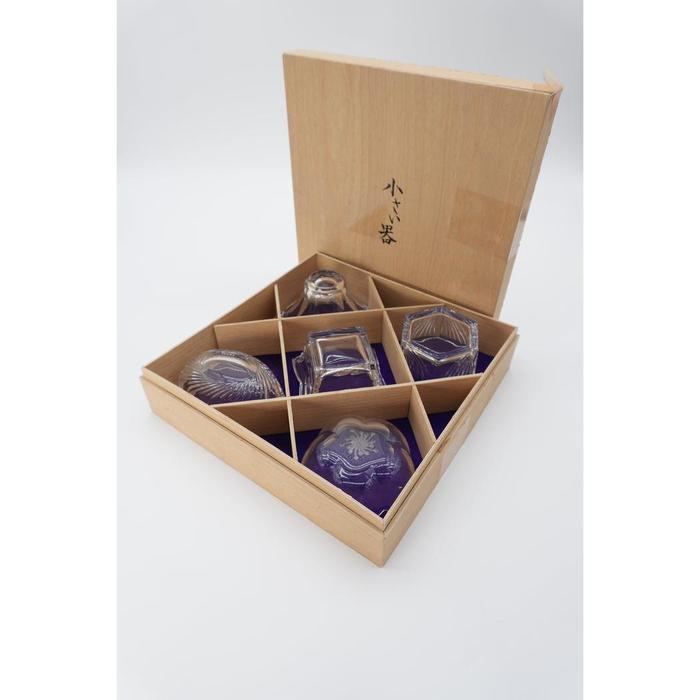 VINTAGE Japanese Glass Kobachi Bowl Set – 5 Small Bowls in Different Shapes with Decorative Wooden Box
