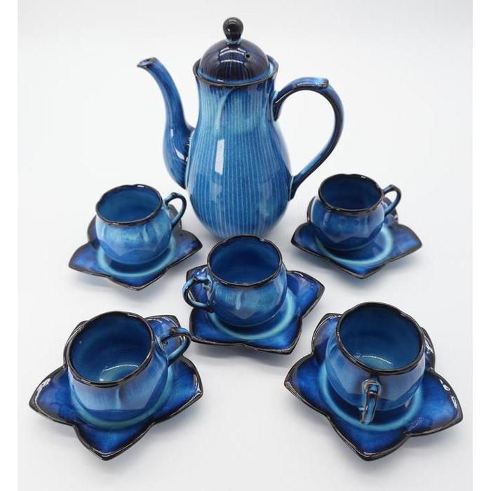 VINTAGE Japanese Blue Ceramic Coffee Set – Cobalt Blue Pot with 5 Cups & Saucers, Kinya Glaze Flower Pattern