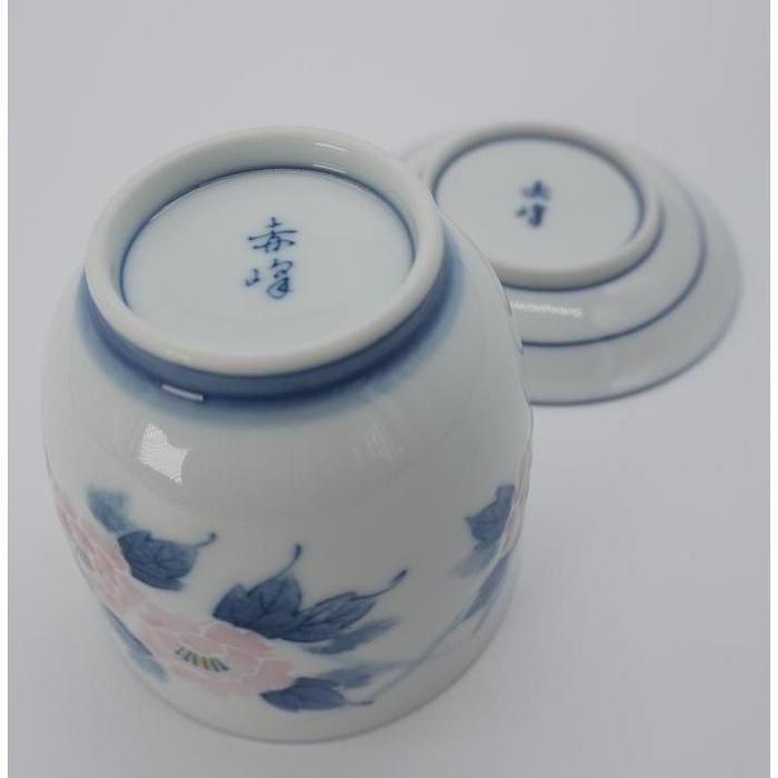 VINTAGE Japanese Porcelain Lidded Tea Cup with Saucer – Blue and Pink Peony Floral Pattern, Maruko N-24