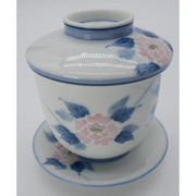 VINTAGE Japanese Porcelain Lidded Tea Cup with Saucer – Blue and Pink Peony Floral Pattern, Maruko N-24