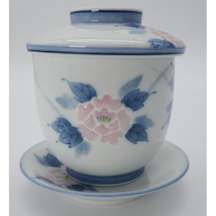 VINTAGE Japanese Porcelain Lidded Tea Cup with Saucer – Blue and Pink Peony Floral Pattern, Maruko N-24