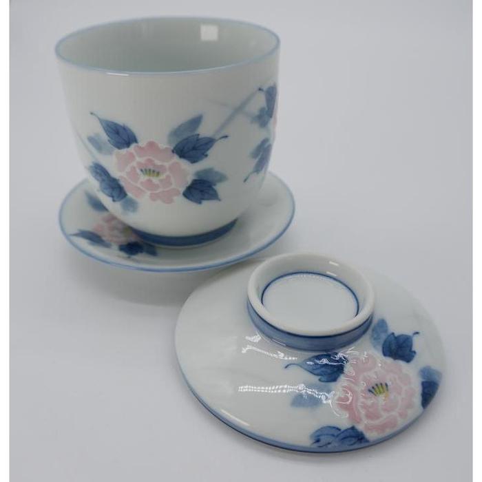 VINTAGE Japanese Porcelain Lidded Tea Cup with Saucer – Blue and Pink Peony Floral Pattern, Maruko N-24